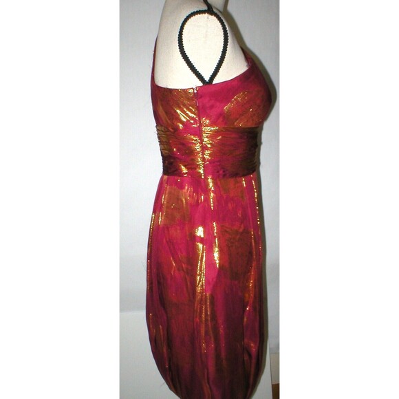 New NWT $310 Womens 6 Aidan Mattox Silk Metallic One Shoulder Dress Red Gold - Picture 2 of 12